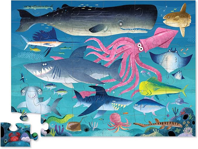 Crocodile Creek 36-Piece Jigsaw Floor Puzzle - Shark Reef - for Kids Ages 3-5 - Heavy-Duty Shaped Box for Storage - 24" W x 18" H Finished