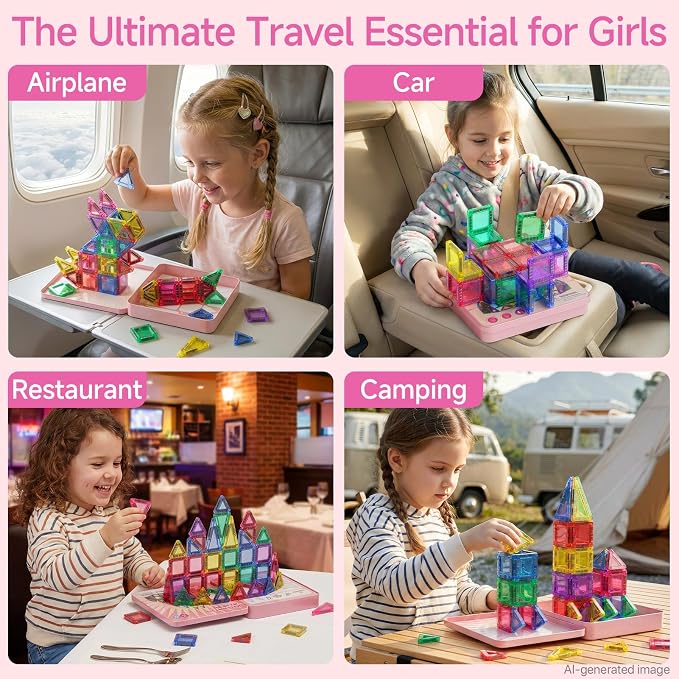 Mini Magnetic Tiles for Girls Travel in Tin Box to Stop Crying | 60 PCS Pink Magnet Building Blocks - 60 Mins Quiet Play 30s Cleanup Toy - Car Airplane Essentials Ages 3-8