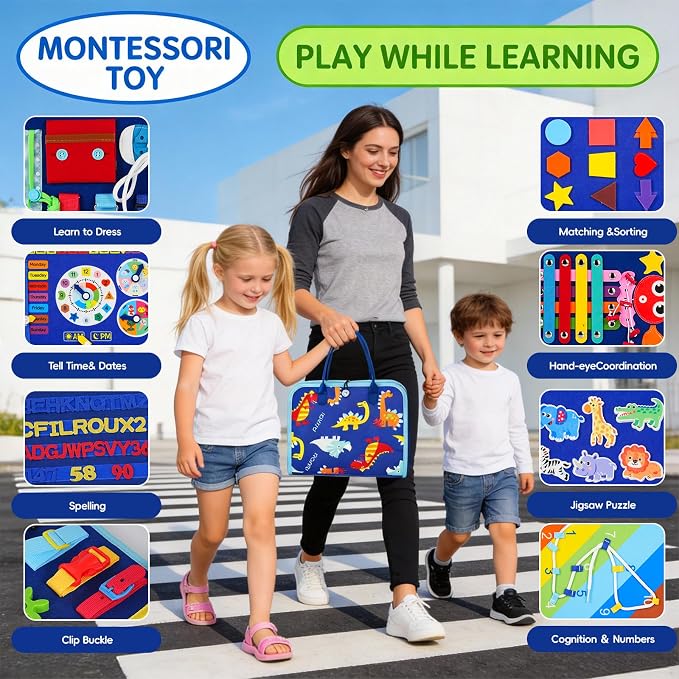 Montessori Busy Board for Toddlers – Sensory Busy Book with Buckles, Zippers, Letters, Animals, Toddler Activities – Fine Motor Skills Development Learning for Boys Girls Travel Activity