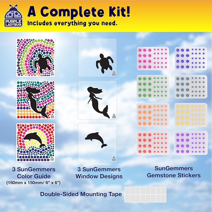 SunGemmers Suncatcher Kit for Kids Ages 5+, Peel & Stick Diamond Gem Art | Mess-Free Window Art Kit for Kids, Screen-Free Activity, Birthday Gifts for Girls, 3 Designs Summer Crafts