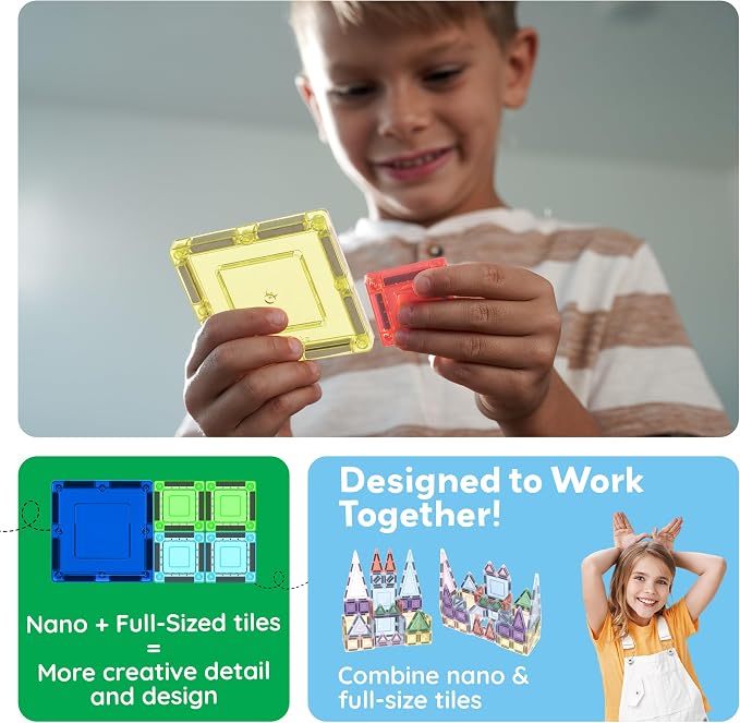 PicassoTiles 50PC Magnetic Tiles Travel Set Nano + Original Size Construction Building Block 2-in-1 Tile Collection with Tin Box Storage Case Montessori STEM Activity Learning Kit Kids Ages 3+ PN12
