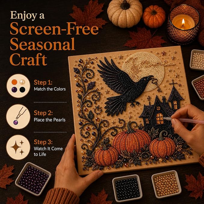 Halloween Pearl Art Kit for Adults, DIY Fall Craft (Crow) | Create textured Halloween decor through a screen-free, beginner-friendly craft activity.
