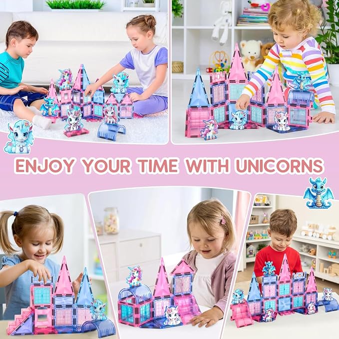 Unicorn Magnetic Tiles 49pcs – Magical Unicorn Toys for Girls Aged 4-8, Magnetic Building Blocks, STEM Construction Toy with 4 Unicorn Dolls and Dragon, Diamond 3D Educational Gift for Girls & Boys