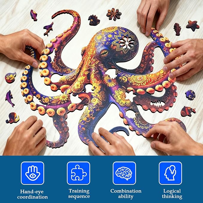 Wooden Puzzles for Adults, Octopus Jigsaw Puzzles for Adults, 5MM Unique Animal Shaped Wood Cut Puzzles 200 Piece, Fun Challenging Octopus Puzzles Gift for Kids Family Game Night Home Decor 10.5*11in