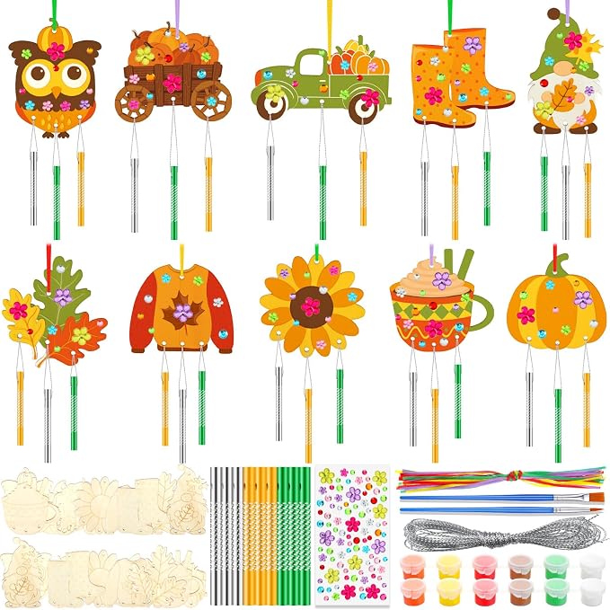 JellyArch 30 Pack Wind Chime Craft Kit Fall Harvest Wooden DIY for Adults | 10 Designs with Bells Paints, Bulk Party Favors Kids, Ocean Summer Crafts, Birthday Decoration Maple Leaf Ornaments
