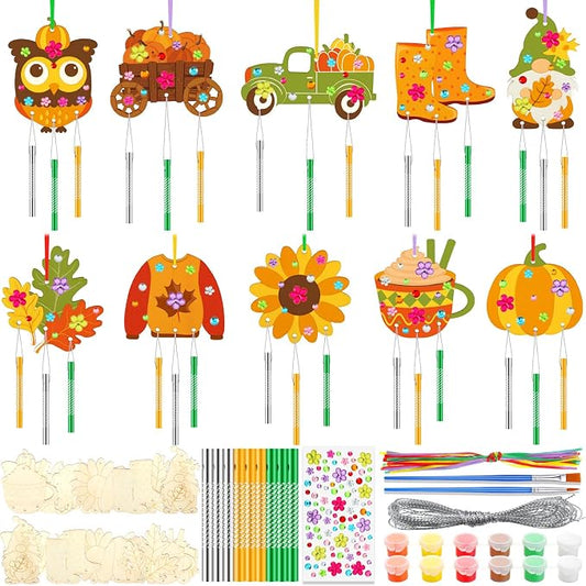JellyArch 30 Pack Wind Chime Craft Kit Fall Harvest Wooden DIY for Adults | 10 Designs with Bells Paints, Bulk Party Favors Kids, Ocean Summer Crafts, Birthday Decoration Maple Leaf Ornaments