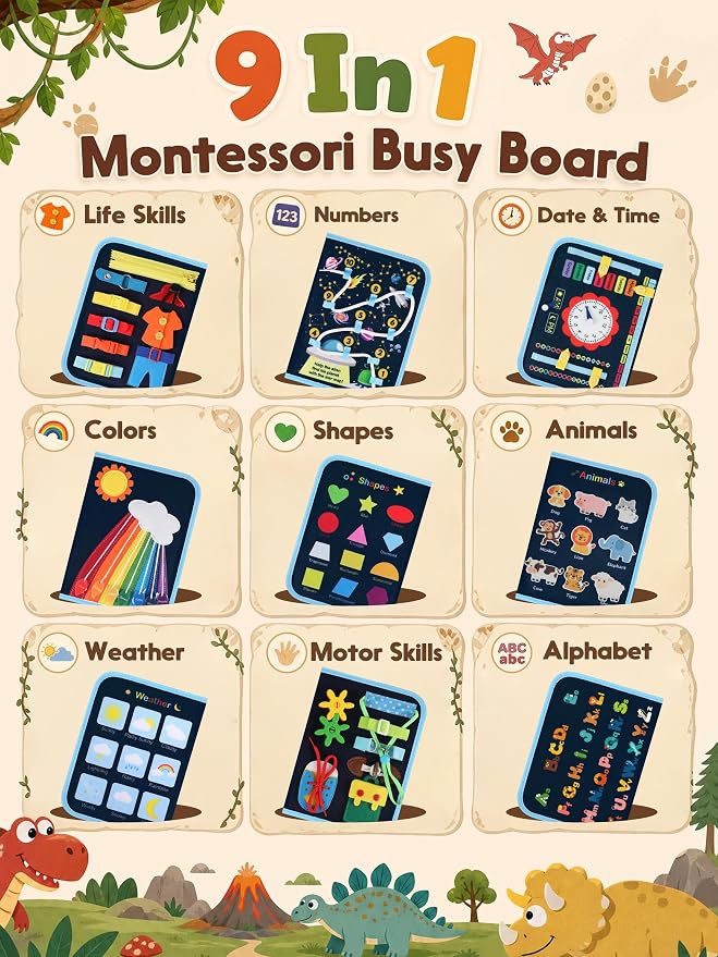 GONINO Busy Book Montessori Toys for Boys, Dinosaur Felt Busy Board | Quiet Activity Book, Preschool Learning Sensory Toys, Fine Motor Skills, Travel Toy for Airplane Car, Boys Birthday Gifts 3+