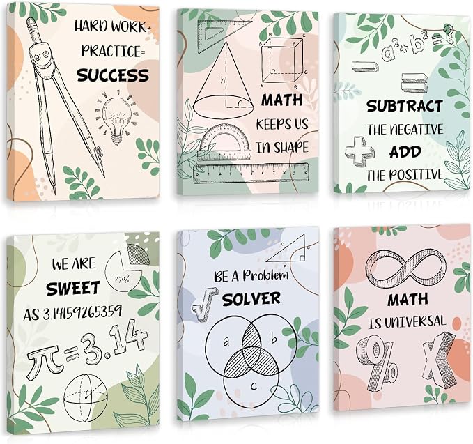 HOURIA 6pcs Framed Classroom Math Canvas Wall Art Set(8"x10") | Equations Geometry Function Symbols Wall Decor, Eucalyptus Education Mathematical Art Print for Middle School