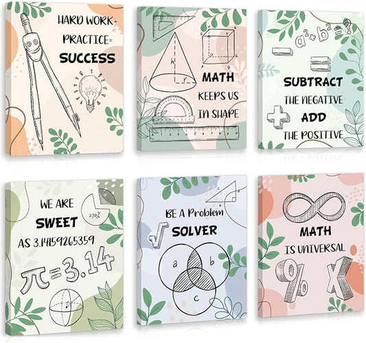 HOURIA 6pcs Framed Classroom Math Canvas Wall Art Set(8"x10") | Equations Geometry Function Symbols Wall Decor, Eucalyptus Education Mathematical Art Print for Middle School