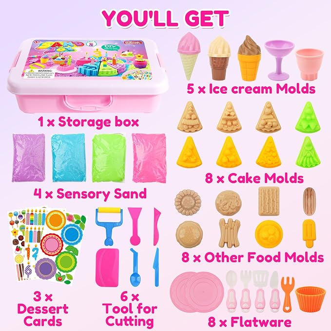 Billeeit. Cake & Ice Cream Sensory Bin Sand Toy, Fun Gift for Kids Girls 3+ | Sand Kit Sensory Toys w/lid and 4 Color Moldable Sensory Play Sand 2.2lbs, Molds, Tools Set 43pcs Total for Toddlers