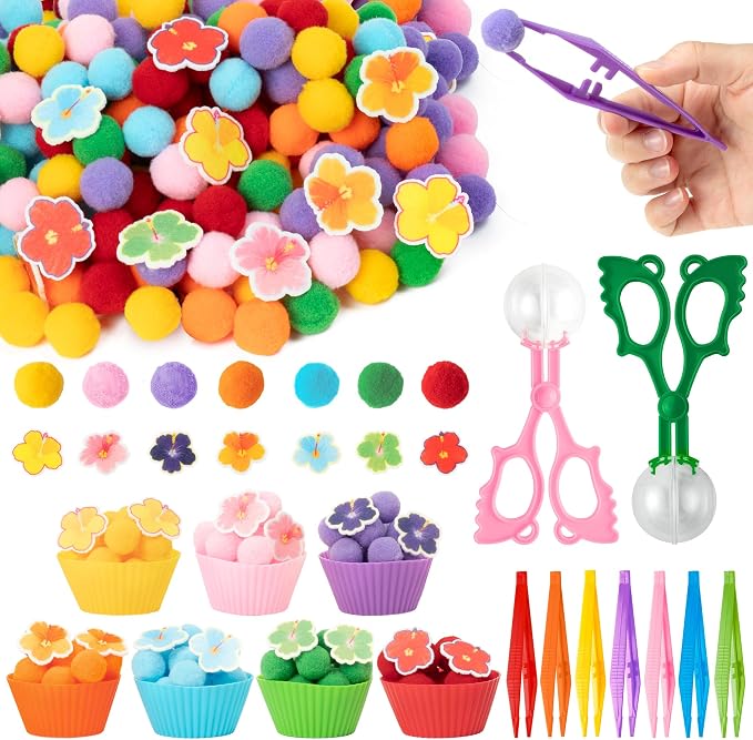 EZdhuawuse Summer Sensory Bin Fillers - 304Pcs Hawaii Flower Fine Motor Toys Counting Sorting for Kids, Felt Colorful Hawaii Flower Pom Poms Cup Clip for Preschool Education Birthday Gift Party Favors