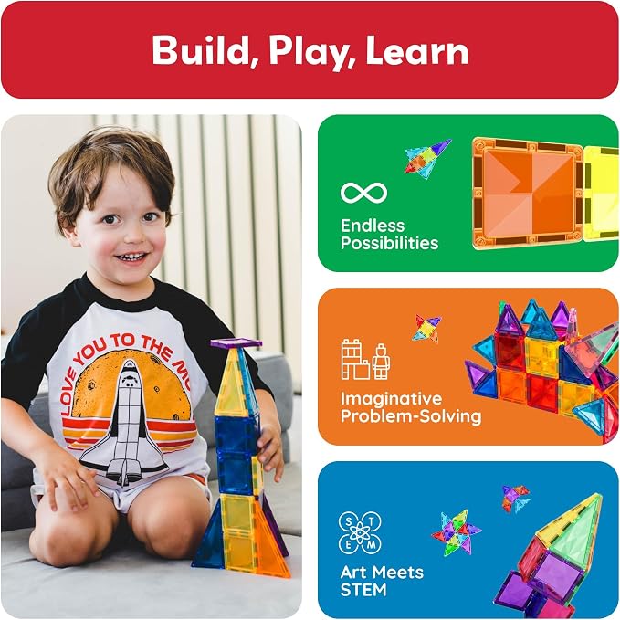 PicassoTiles 80 PCs Magnetic Tiles Travel Size Mini Version Building Block Construction Set for Kids Great Gift Ages 3+ Boys & Girls Preschool Kindergarten Montessori Playing Toys Stacking Fun PTM80