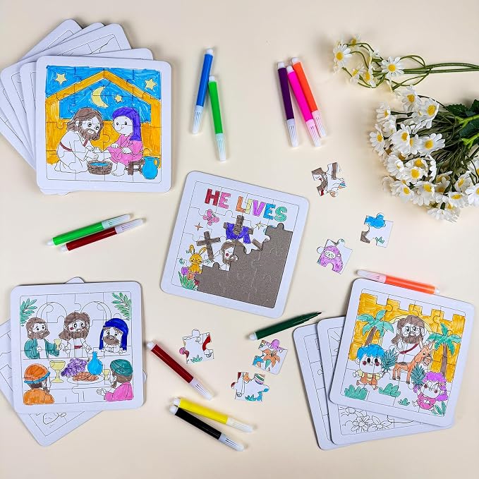 Cinrobiye 24 Pcs Christian Easter Coloring Jigsaw Craft Kit for Kids, DIY He is Risen Activity Set with 8 Designs, Religious Party Favors, Sunday School Classroom Art Projects