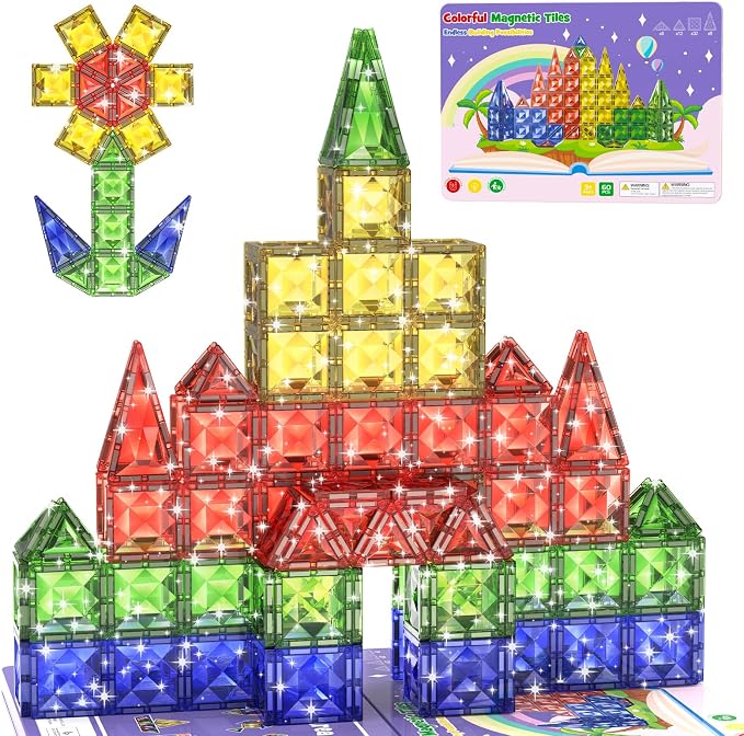 WMXDU Travel Magnetic Tiles Set: Tablet-Light, Group Play for Girls 3-8 | 60-Piece Travel Set, Keeps Girls Engaged in Group Play for 60+ Minutes in Cars/Planes Iron-Box Storage