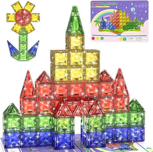 WMXDU Travel Magnetic Tiles Set: Tablet-Light, Group Play for Girls 3-8 | 60-Piece Travel Set, Keeps Girls Engaged in Group Play for 60+ Minutes in Cars/Planes Iron-Box Storage