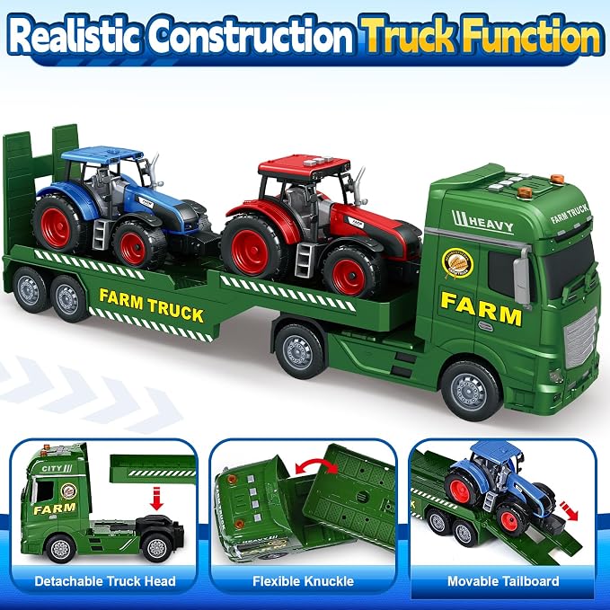 Bstoyder Toddler Boy Toys for 3 4 5 6 7 Years Kids, 25" Semi Flatbed Truck Toy with 2 Tractors, Friction Powered Vehicles Toys with Lights and Sounds, Birthday for Boy Girls