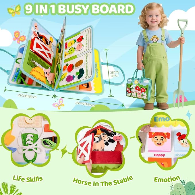 Aurasys Farm Busy Book Montessori Travel Toy for Toddlers | Educational Learning Activity Busy Board for Boys and Girls, Airplane Travel Toy and Birthday Gift