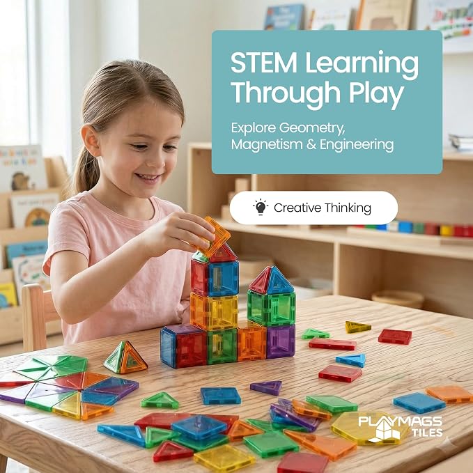 Playmags Mini Magnetic Tiles for Kids 100-Piece Set | Travel Magnetic Blocks | STEM Sensory Educational Toys | Portable Toddler Building Toys | Gift for Boys & Girls Ages 3
