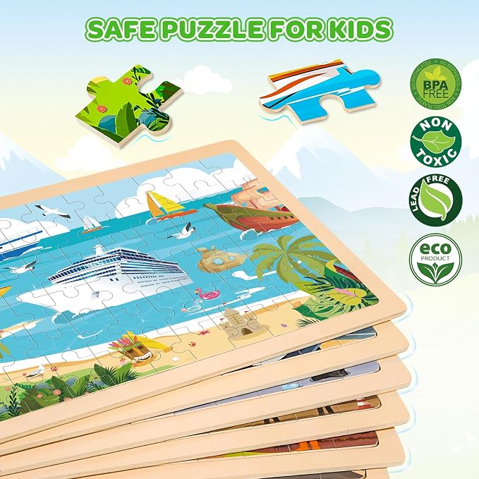 6-Pack Wooden Puzzles for Kids Ages 3-5, 60-Piece Construction Vehicle Set | Toddler Puzzles Ages 3-5, Preschool Puzzles with Wooden Jigsaw Boards for Fine Motor Skills, Shape Recognition and Travel