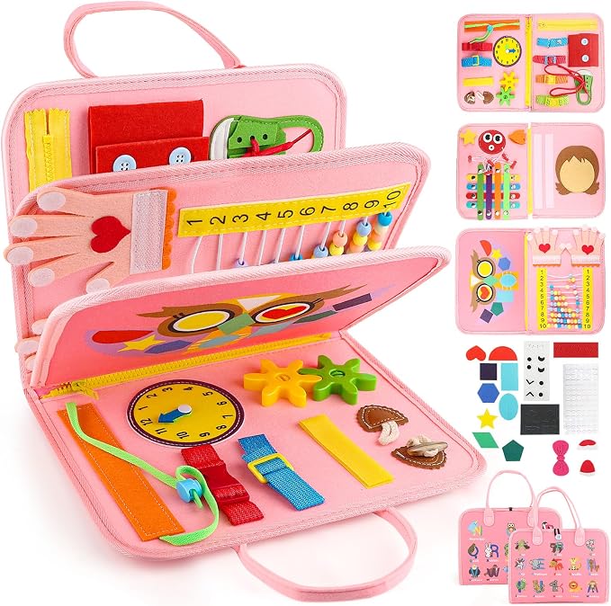 Toddler Busy Board, Montessori Sensory Toys for Boys, 3-8 Year Old Girl Toddler Travel Toys, Educational Learning Activities Board for Motor Skills, Birthday Gifts for Airplane Car, Pink