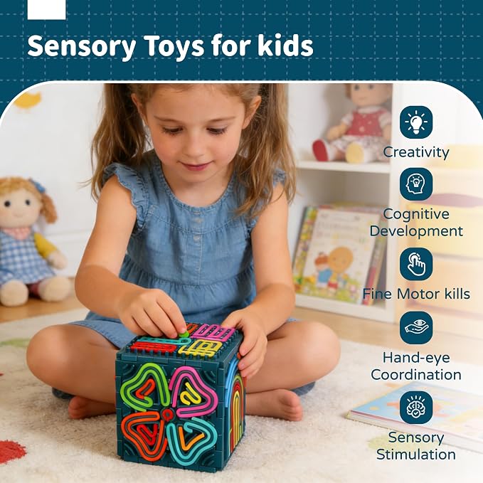 Sensory Fidget Toys for Kids Adults，3D Sensory Activity Board for Stress Anxiety Autistic ADHD，Contains 30 Silicone Cords，Silent, Calming, Focus, Fingertip Gift for Girls Boys