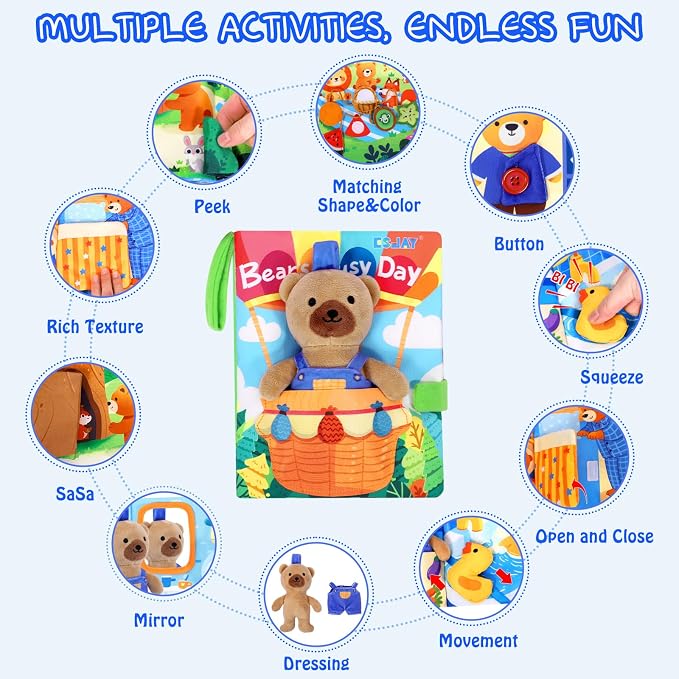 Esjay Busy Book for Toddlers 1-3, Bear Busy Board Montessori Toys, Learning Activities Fine Motor Skills Book, Birthday Gifts 1 2 3 4 Year Old Toddler Baby Girls Boys, Travel Toy for Airplane Car