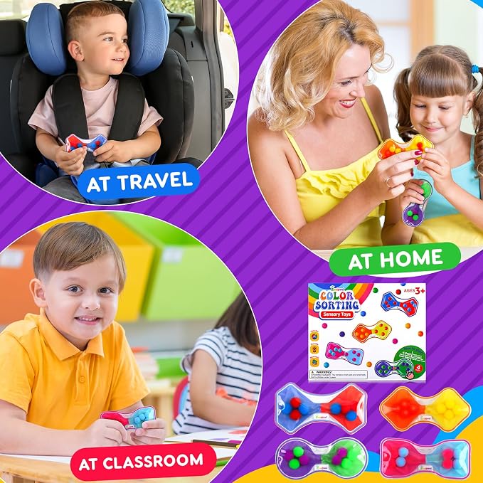 Sensory Fidget Toys for Kids Toddler: 4 Pack Color Sorting Squeeze Toys | Quiet Fidget Toys for Student Classroom - Sensory Calming Toys for ADHD Autism - Goodie Bags Stuffers