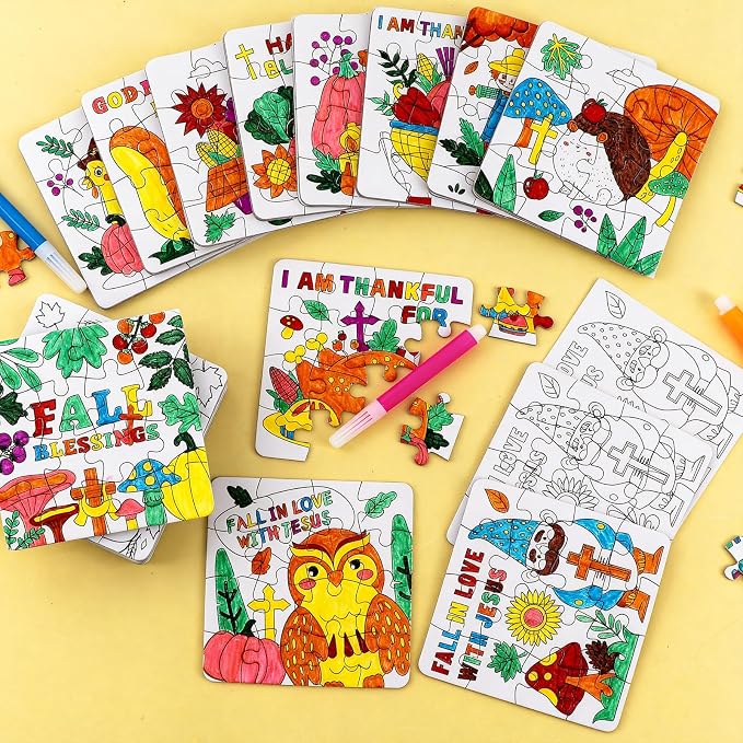 Thanksgiving Fall Crafts for Kids Religious Art Activities Blank Puzzle Toy | 24 Autumn Harvest DIY Crafts Pumpkin Turkey Cross Jesus, Christian Classroom Gift for Aldults Party Favors Game Supplies Bulk