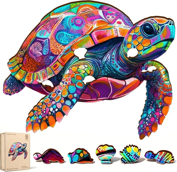 Mys Aurora Colorful Turtle Puzzles for Adults 200 Pieces Ocean Wood Puzzles | 5MM Thick Wooden Jigsaw Puzzles, Unique Shape Puzzle for Adults and Kids Birthday Gifts Family Game 11.4 * 11.4 inches