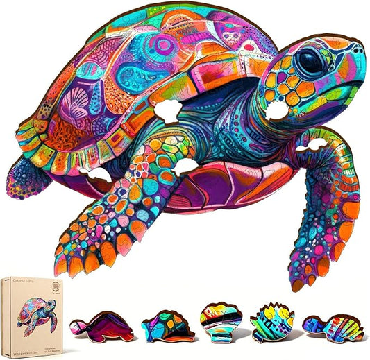 Mys Aurora Colorful Turtle Puzzles for Adults 200 Pieces Ocean Wood Puzzles | 5MM Thick Wooden Jigsaw Puzzles, Unique Shape Puzzle for Adults and Kids Birthday Gifts Family Game 11.4 * 11.4 inches