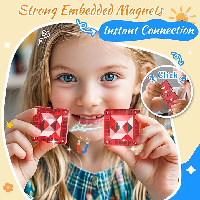 Mini Magnetic Tiles for Kids Ages 3-8, Travel Magnetic Building Blocks with Metal Storage Box, STEM Educational Toys, Montessori Sensory Learning Toys for Toddlers, Gift for Boys & Girls