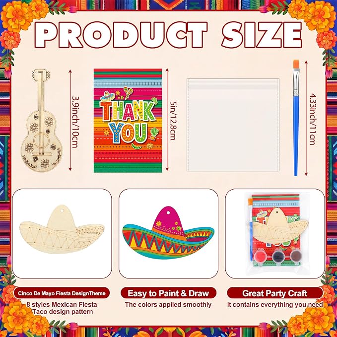Saypacck 24 Pcs Mexican Taco Party Favors Wooden Paint Craft Kits | Mexican Taco Theme Painting Crafts, Fairy Princess Unicorn Party Supplies, Organza Bags Included for Goodie Bag Fillers