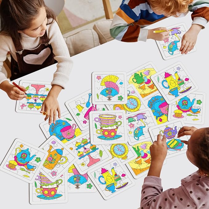 Cinrobiye 24 Pcs Tea Party Coloring Jigsaw Craft Kit for Kids, DIY Floral Teapot Activity Set Bulk with 12 Designs, Afternoon Tea Birthday Favors, Classroom Art Projects