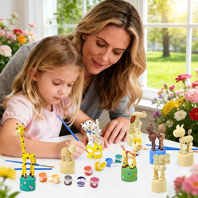 Vileafy Crafts for Kids Ages 4-8 with Paints & 8 Brushes, DIY Wooden Painting Kits for Boys and Girls, Unfinished Wood Animals Figures for Painting Party Favors and Kids Gifts (Pack of 3)