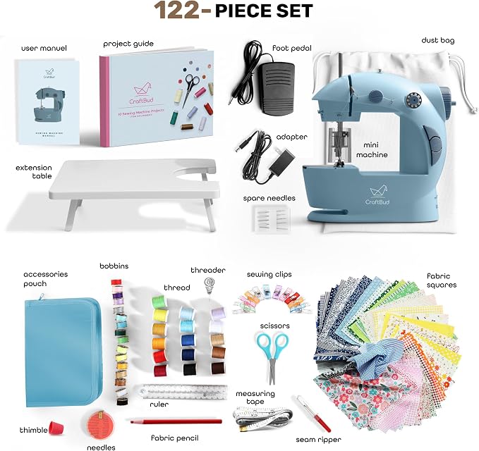 CraftBud Mini Sewing Machine for Beginners, Adults and Kids Sewing Machine | 122-Piece Sewing Kit Accessories, Portable, Dual Speed, Extension Table, Foot Pedal, Built-in Light, Guide Book & More, Blue