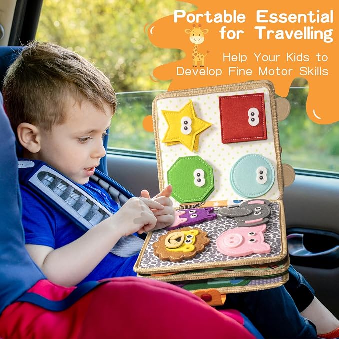 Montessori Busy Board for Toddlers, Sensory Educational Activities Board for Learning Fine Motor Skills, Travel Toys for Airplane Car, Gift for Girls Boys 2-4 Years Old (Giraffe)