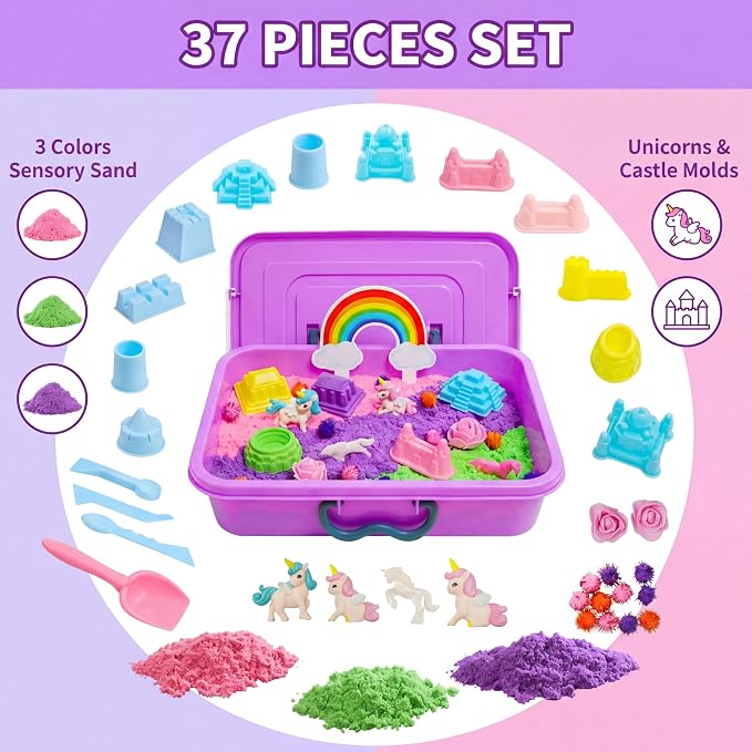 AGENTLAN Unicorn Sensory Bin,Sensory Sand Kit, Gift for Girls Ages 3-8 | Unicorn toys, sensory toys with portable sand box, indoor outdoor kits for girls and boys