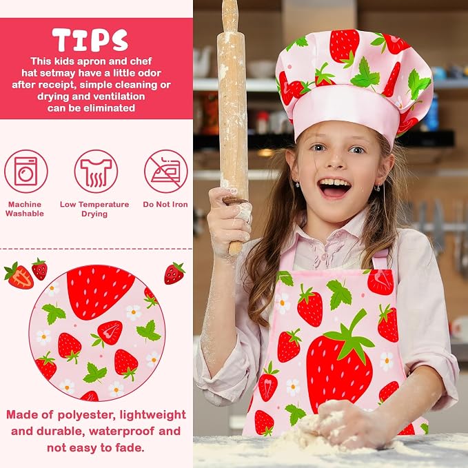 R HORSE 2 Piece Kid Apron and Chef Hat Set, Children Role Play Chef Toy | Strawberry Adjustable Kitchen Toddler Apron for Girls, Cooking Birthday Gift for Kid, Ideal for Cooking, Baking, Painting