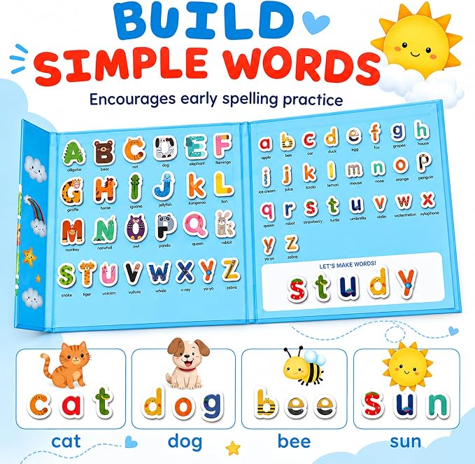 NASHRIO Magnetic Alphabet Letters for Kids Ages 3-5, ABC Learning Toys with Animal Words, Educational Preschool Toys, Montessori Early Learning Magnetic Book Set for Boys and Girls 3 4 5