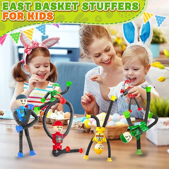 4Pcs Robot Sensory Travel Toys for Boy Toddlers Kids Year Old Ages 3 4 5 6 7 8 9, Airplane Travel Activities Suction Autistic Pop Tube Autism Fidget Toys Easter Basket Stuffer Valentine Gifts