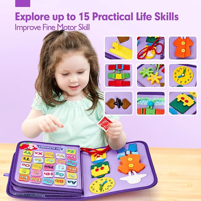 hahaland Busy Board Montessori Toys 3 Year Old Girl Gifts 3rd Bithday Idea | 8 in 1 Preschool Learning Activities - Educational Toys Little Girls Age 3 Travel Busy Book for Airplane Car Rides