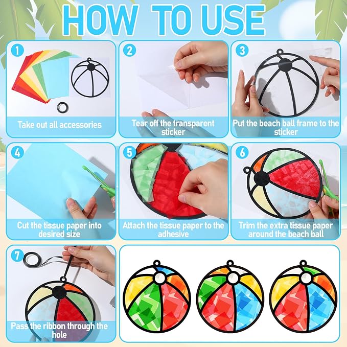 Qyeahkj 36 Set Beach Balls Suncatchers Craft for DIY Summer Party Paper Craft Kit Game Beach Balls Stained Glass Window Ornaments Decoration for Home Art Project Party Favor Gift