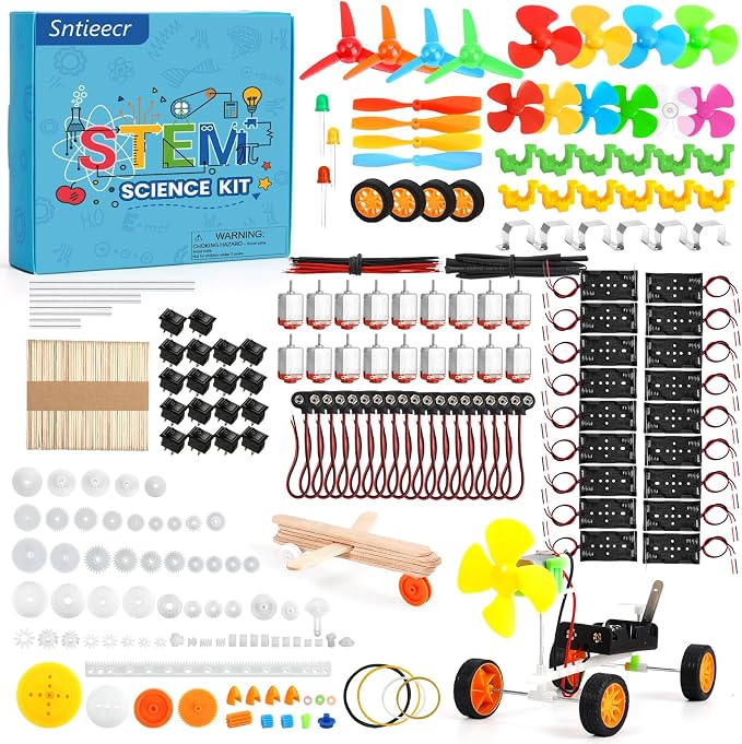 Sntieecr 276PCS DC Motor Kit, Mini Electric Circuit Kit | for DIY Science Projects with Motors, LED Light, Vanes Propeller, AA Battery Holder, Plastic Gears, Gift for Kids