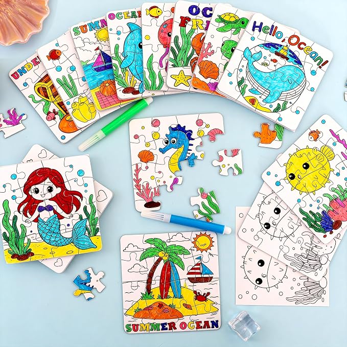 24 Set Summer Crafts for Kids Adults Bulk, Summer Activities DIY Puzzle with Ocean Mermaid Fish Starfish Animal, Camp Beach Arts Jigsaw Classroom Gifts, Under the Sea Theme Party Favors Coloring Games