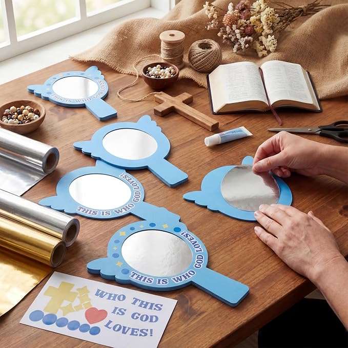 MotiMind 24 Sets This Is Who God Loves Mirror Craft Kits Engaging Religious Craft Activity Mirror Decorative Stickers DIY for Fun VBS Home Church Family Educational Projects Activities Events Creation