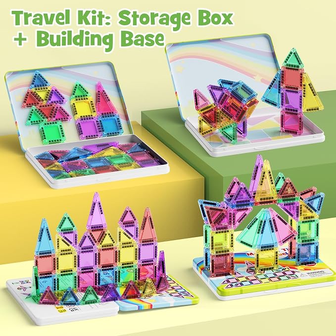 Magnetic Tiles Travel Set Toddlers: 42PCS Mini Building Blocks for Planes | Iron Case Flips to Play Base, 1:1 STEM Visual Guide Teaches Cleanup, Candy Colors Quiet Car Ride Activities for Kids Ages 3-5