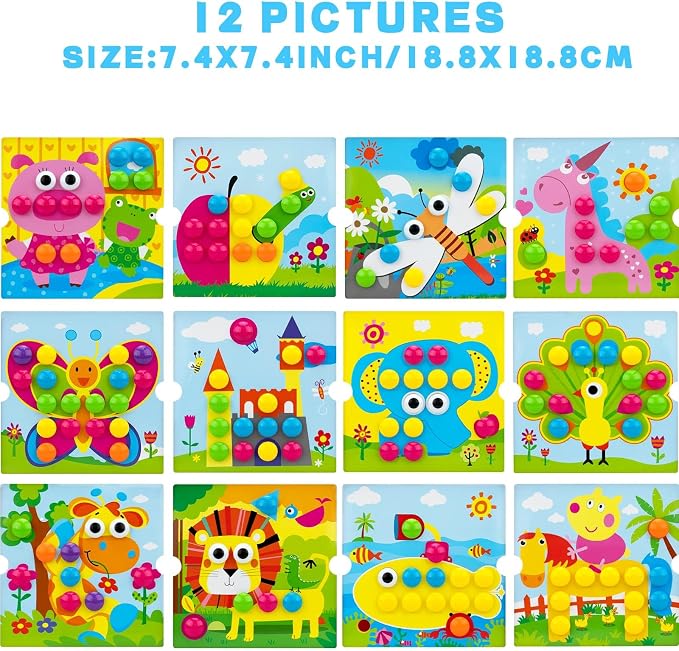 Button Art Pegboard for Toddlers - 12 Pics & 46 Buttons, Gift 3+ | 7.8'' x 7.8'' pegboard with bird theme. Builds fine motor skills, color matching & creativity. Perfect early learning gift