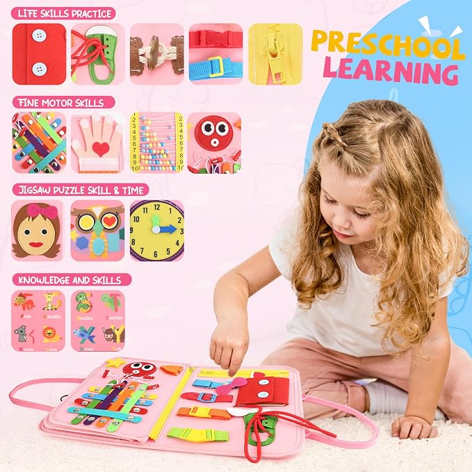 Toddler Busy Board, Montessori Sensory Toys for Boys, 3-8 Year Old Girl Toddler Travel Toys, Educational Learning Activities Board for Motor Skills, Birthday Gifts for Airplane Car, Pink