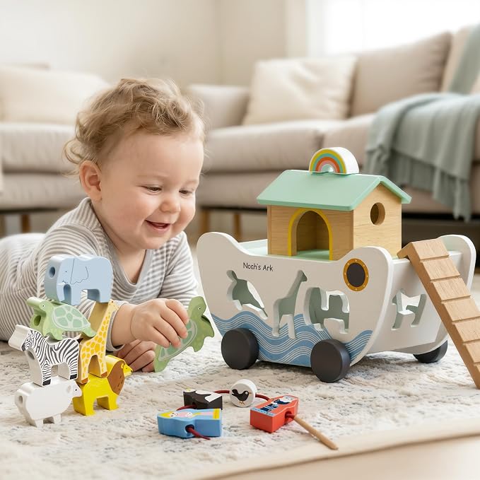 GiggleGems Noah's Ark Wooden Toy - All-in-1 Push Pull Shape Sorter for Toddlers - Montessori Animal Matching Set - Baptism Christening Gift for Birthday, Religious Toys for Boys Girls (18M+)
