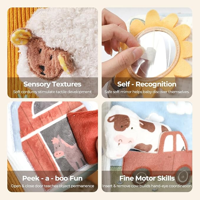 let's make Baby Tissue Box Toy, Farm Montessori Sensory Toys 6-12 Months, Play Silks & Crinkle Tissues with 3D Corduroy, Mirror, Squeaky Cow & Travel Clip - Fine Motor Skills Baby Girl Boy Gifts